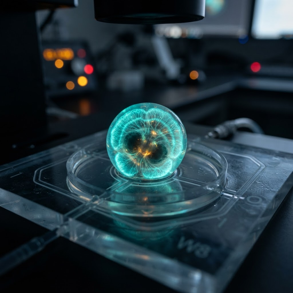 Engineered human neural organoid in a microfluidic well